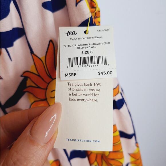 Tea Collection Tie Shoulder Tiered Dress African Sunflowers Girls 8 Summer - Picture 5 of 8